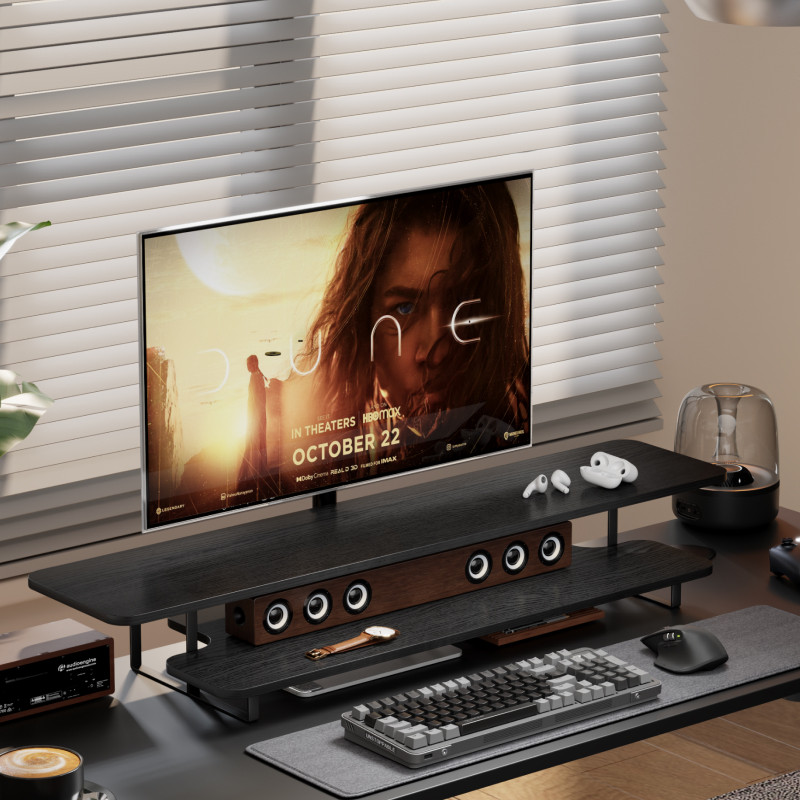 Desk Setup With Laptop And Monitor - Monitorstandaard met walnoot afwerking Massief houten