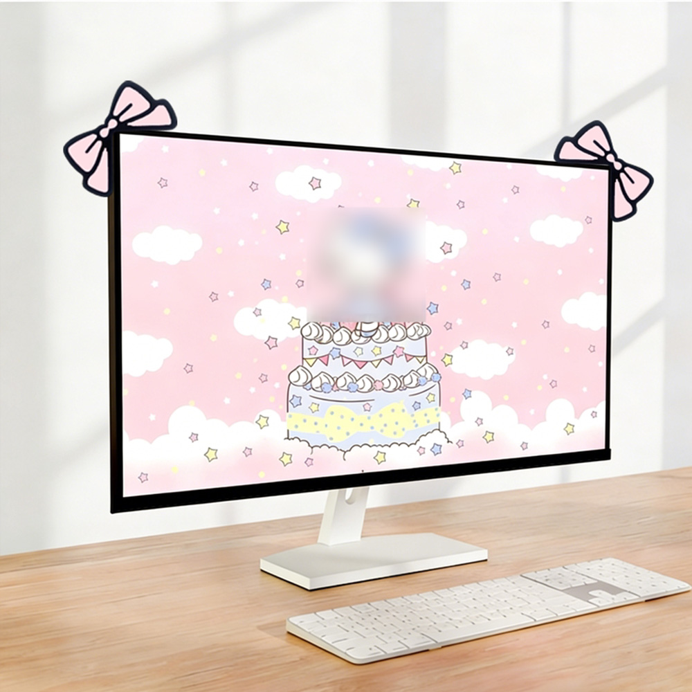 Desk Setup With Laptop And Monitor - Schattige roze strik monitordecoratie Kawaii schermdecoratie