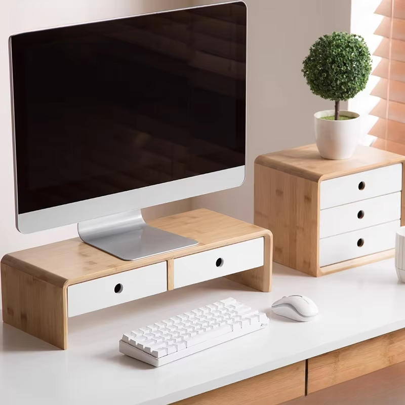 Desk Setup With Laptop And Monitor - Bamboe laptopmonitorverhoger Milieuvriendelijke desktoporganizer met lade